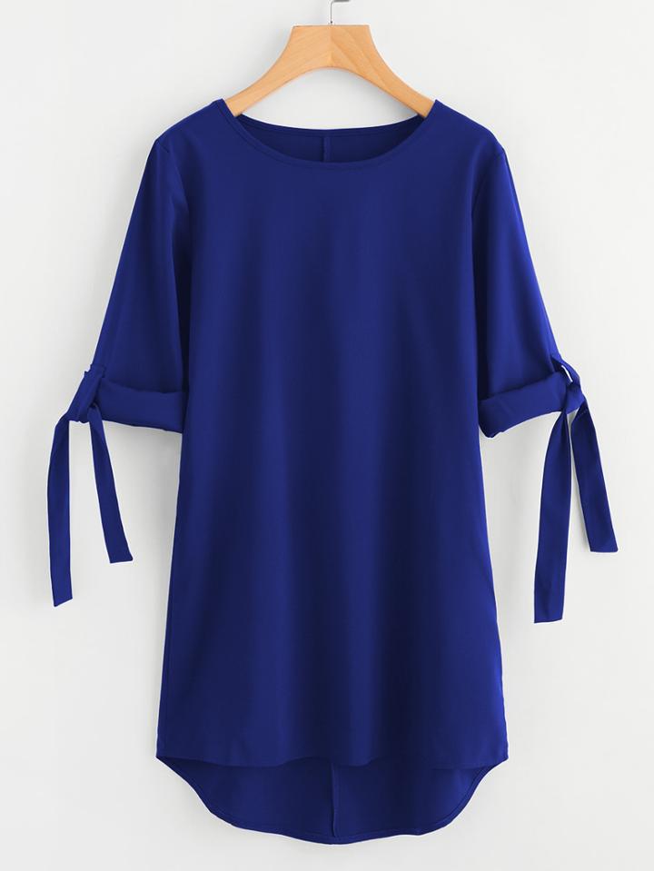 Shein Rolled Sleeve Tie Detail Dip Hem Dress