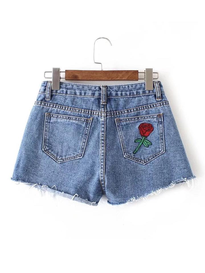 Shein Raw Hem Flower Embroidery Denim Shorts