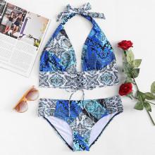 Shein Plus Mixed Print Lace Up Bikini Set
