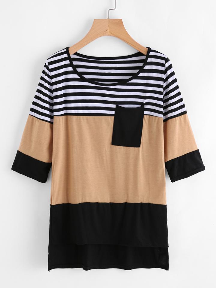 Shein Contrast Striped Dip Hem Tee