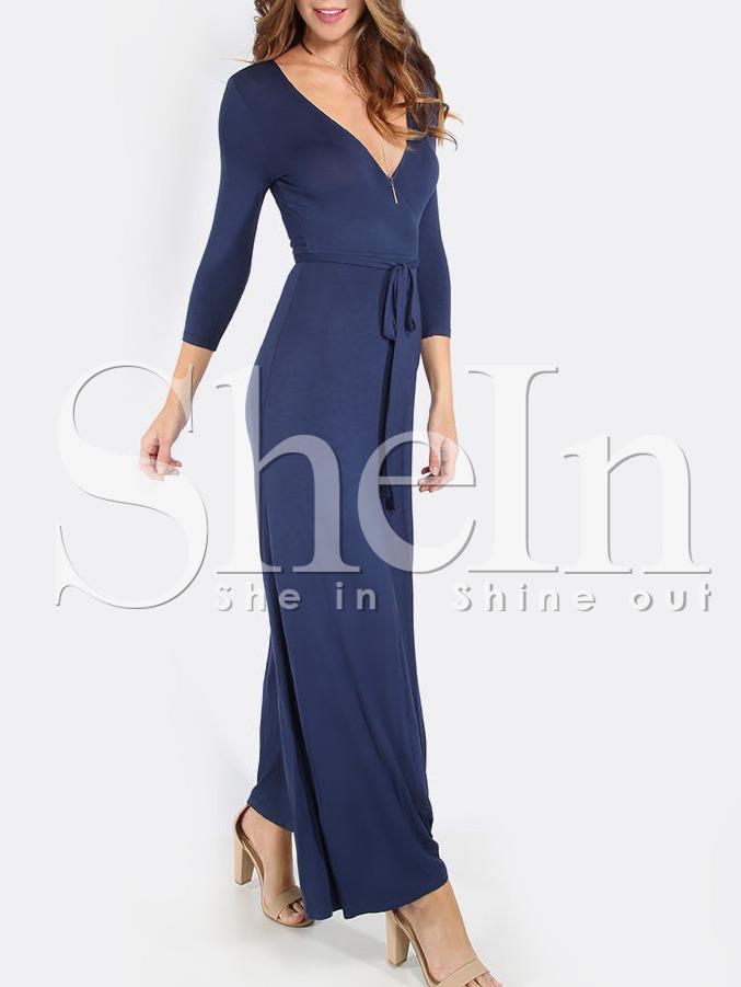 Shein Dark Blue Cross V Neck Split Side Maxi Dress