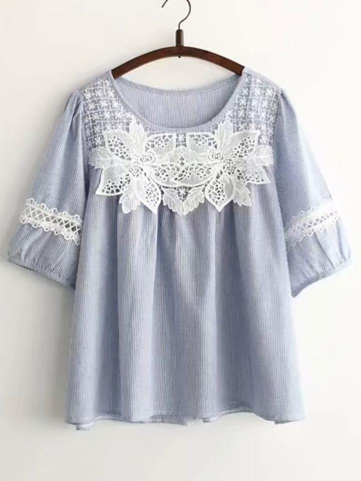 Shein Contrast Lace Applique Pinstripe Top