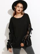 Shein Black Drop Shoulder Split Sleeve Bow Tie Sweatshirt