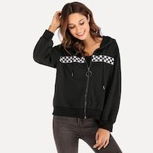 Shein Contrast Plaid Zip Up Hooded Sweatshirt