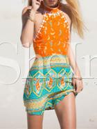 Shein Orange Halter Vintage Print Backless Dress