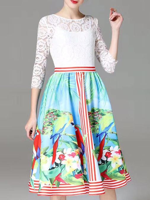 Shein Flowers Print A-line Lace Dress