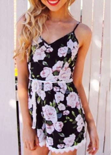 Rosewe V Neck Belted Floral Printed Strappy Romper