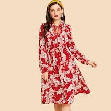Shein Tie Neck Floral Print A-line Dress