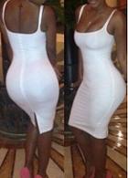 Rosewe Open Back Knee Length White Skinny Dress