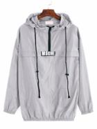 Shein Grey Print Drawstring Hooded Sweatshirt With Zipper Detail