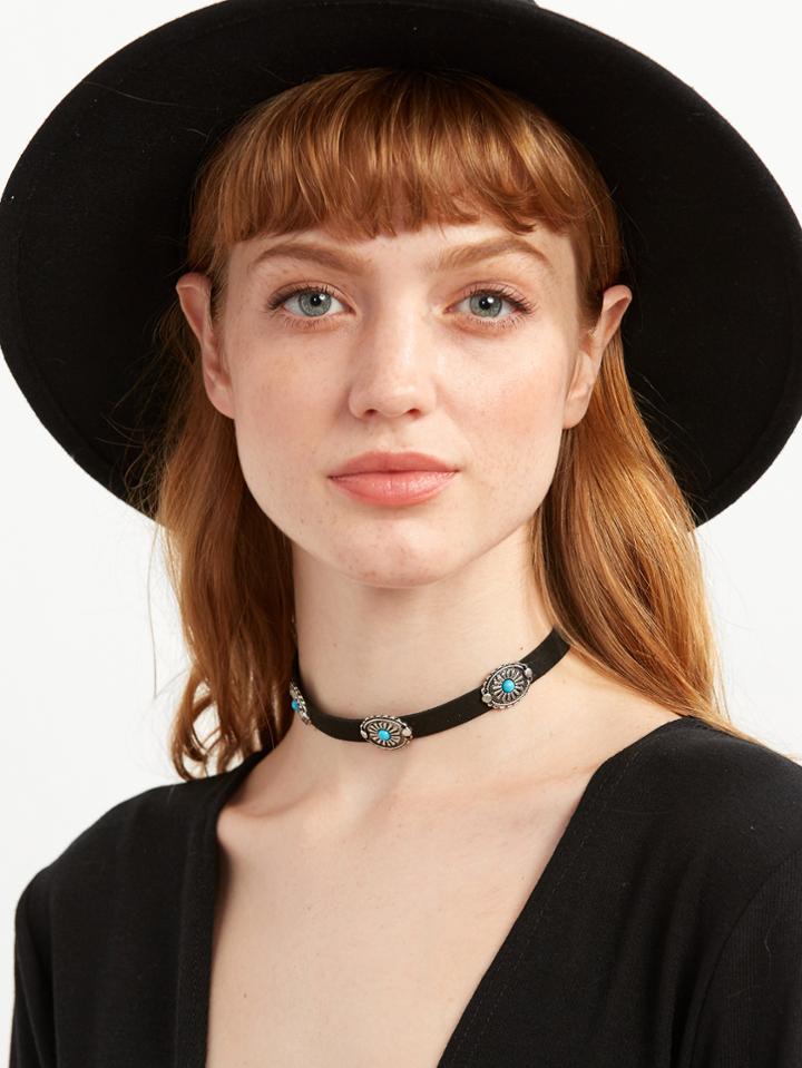 Shein Black Geometric Carved Turquoise Choker Necklace