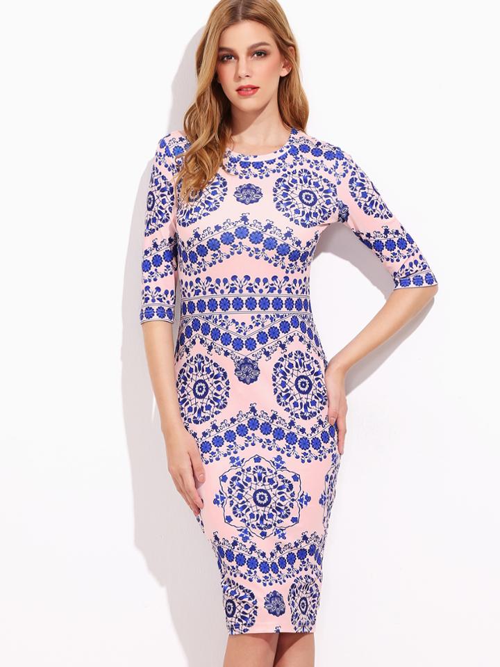 Shein Blue And Pink Porcelain Print Pencil Dress