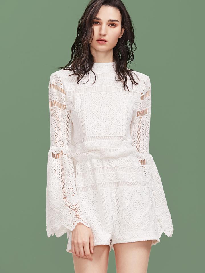 Shein White Mock Neck Bell Sleeve Embroidered Crochet Overlay Romper