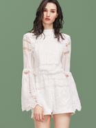 Shein White Mock Neck Bell Sleeve Embroidered Crochet Overlay Romper