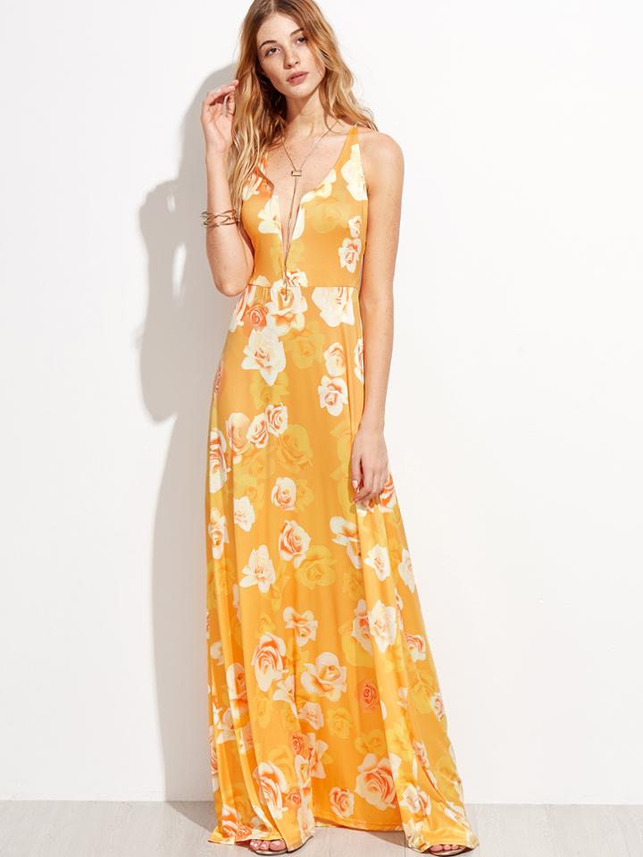 Shein Floral Print Deep V Neck Crisscross Back Maxi Dress