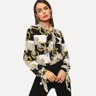 Shein Tied Neck Mixed Print Knotted Sleeve Top