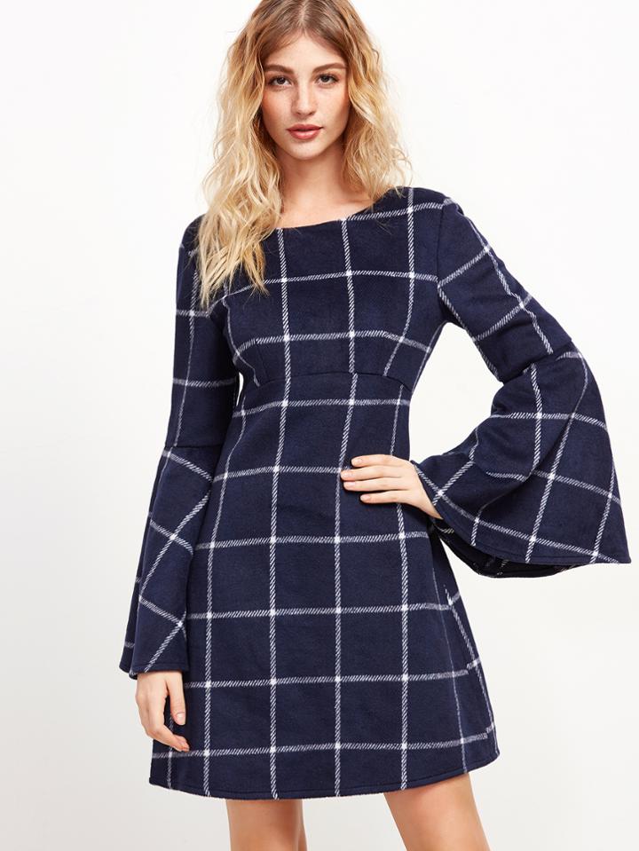 Shein Navy Grid High Waist V Back Bell Sleeve Dress