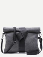 Shein Black Roll Top Linen Texture Pu Leather Clutch Bag With Strap