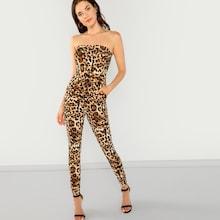 Shein Leopard Print Slim Fitted Bandeau Jumpsuit