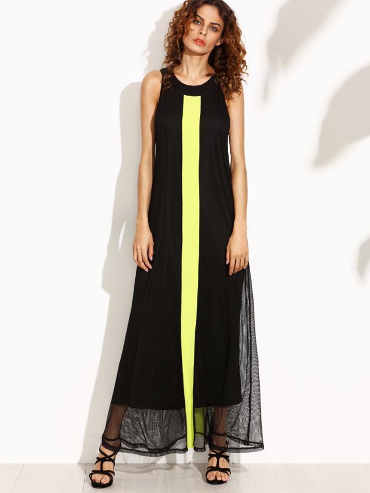 Shein Color Block Sleeveless Mesh Maxi Dress