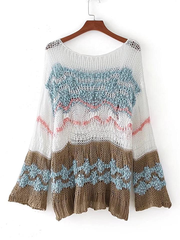 Shein Bell Sleeve Color Block Hollow Out Sweater