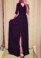 Rosewe Plunging Neck Lace Panel High Slit Black Dress