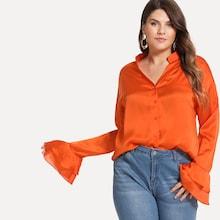 Shein Plus Button Front Bell Sleeve Solid Top