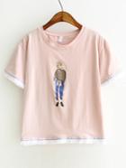 Shein Pink Girl Print Embroidery Fringe Trim T-shirt