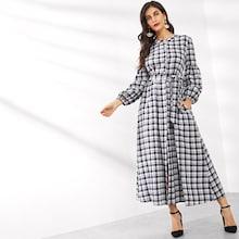 Shein Gingham Belted Bishop Sleeve Longline Dress