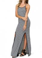 Rosewe V Back Double Slit Striped Maxi Dress