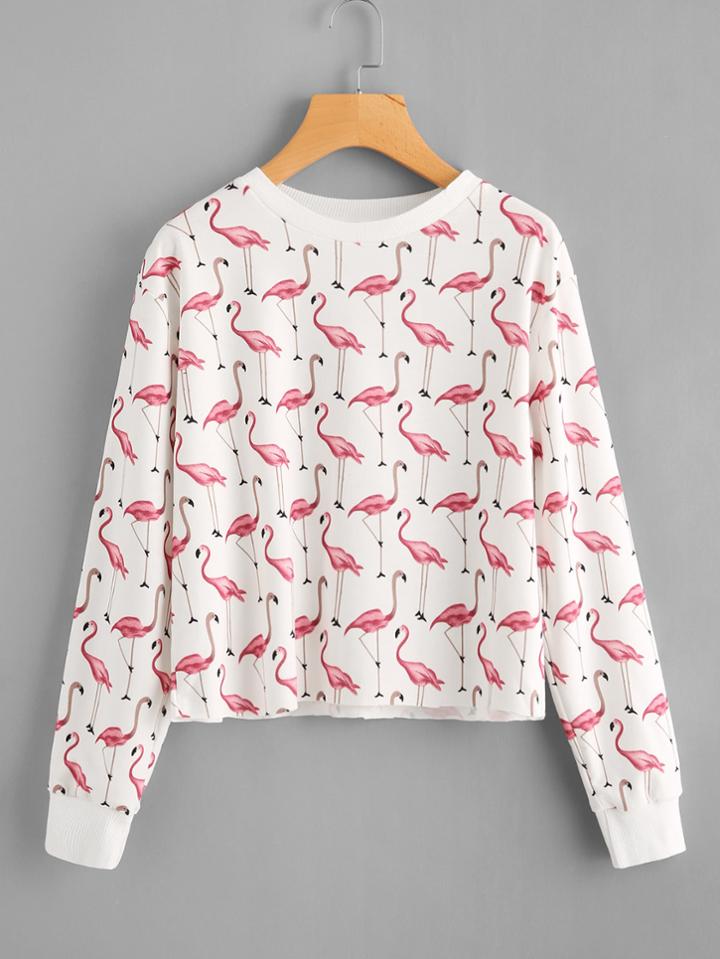 Shein Flamingo Print Raw Hem Pullover