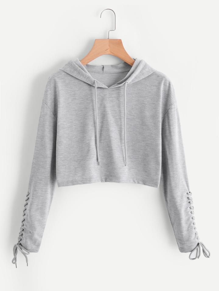 Shein Grommet Lace Up Sleeve Crop Marled Hoodie