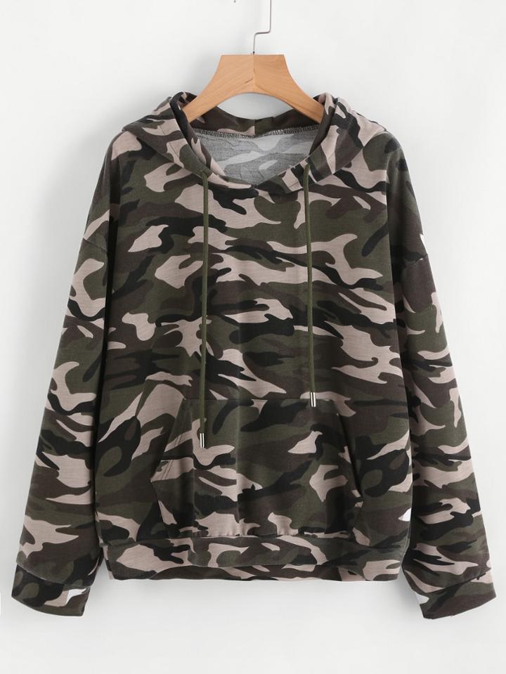 Shein Drop Shoulder Kangaroo Pocket Camo Hoodie