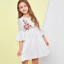 Shein Girls Dot Mesh Flounce Sleeve Embroidered Dress