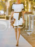 Shein White Color Block Trims Belted Dress