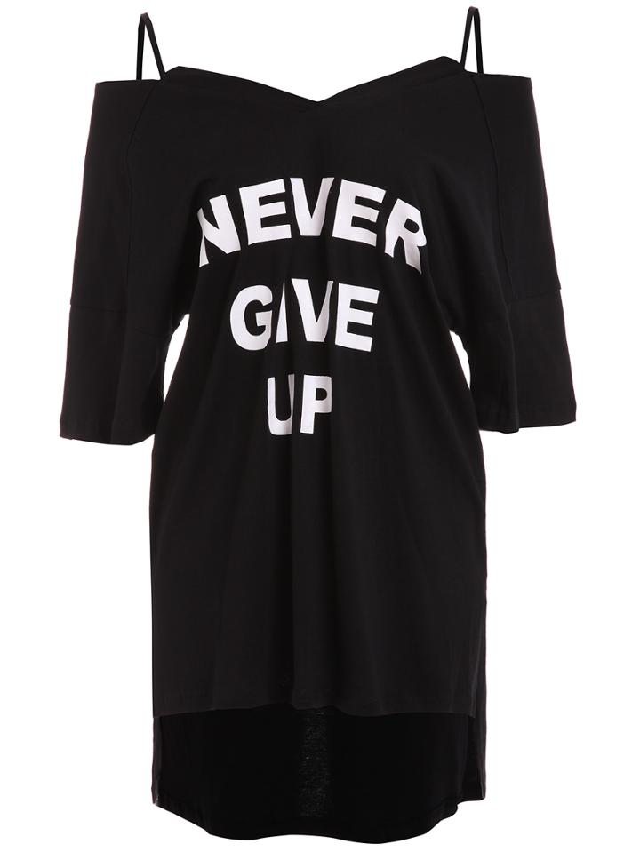 Shein Letter Print Cold Shoulder High-low Blouse