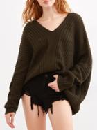 Shein Brown Double V Neck Lace Up Dolman Sleeve Sweater