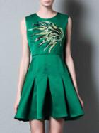 Shein Green Pleated Sequined A-line Dress