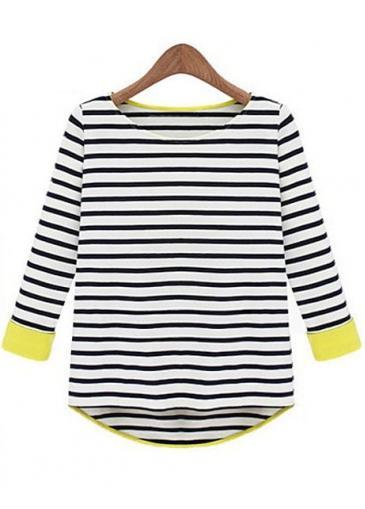 Rosewe Cute Three Quarter Sleeve Round Collar Striped Tees