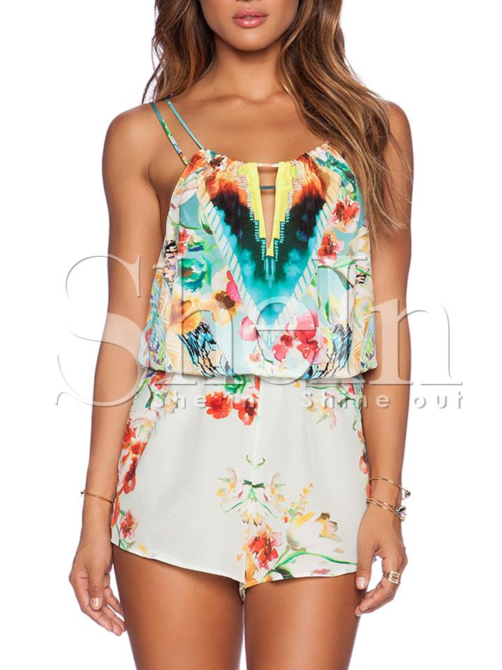 Shein White Spaghetti Strap Backless Floral Print Playsuit