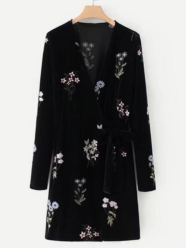 Shein Embroidered Flower Self Tie Velvet Dress