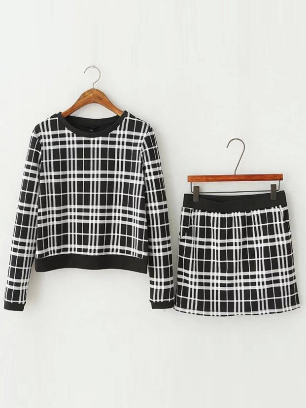 Shein Black White Round Neck Plaid Top With Skirt