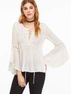 Shein White Lace Up Bell Sleeve Contrast Lace Peplum Blouse
