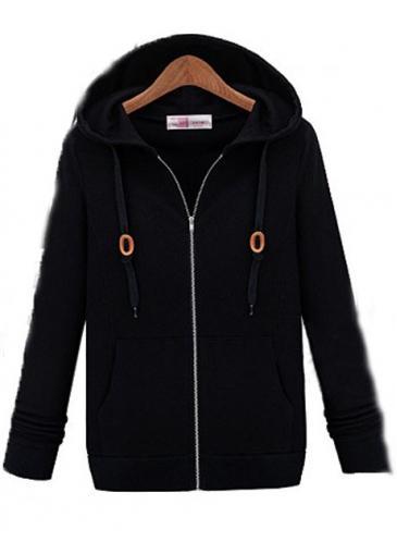 Rosewe Casual Women Black Hooded Collar Zipper Closure Sweatshirts