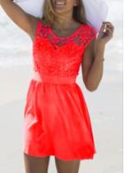 Rosewe Lace Crochet Rose Sleeveless Zip Closure Dress