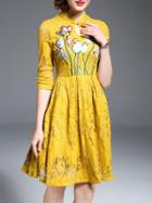 Shein Yellow Hollow Flowers Embroidered Lace Dress