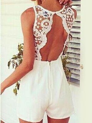 Shein White Backless Lace Stitching Jumpsuit