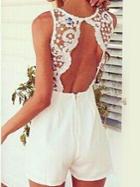Shein White Backless Lace Stitching Jumpsuit