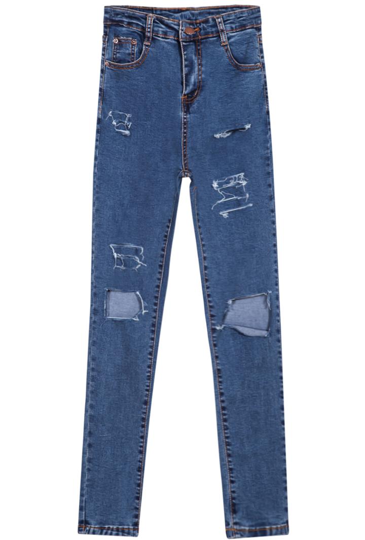 Shein Blue Ripped Denim Slim Pant
