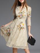 Shein Khaki V Neck Flowers Embroidered Lace Dress